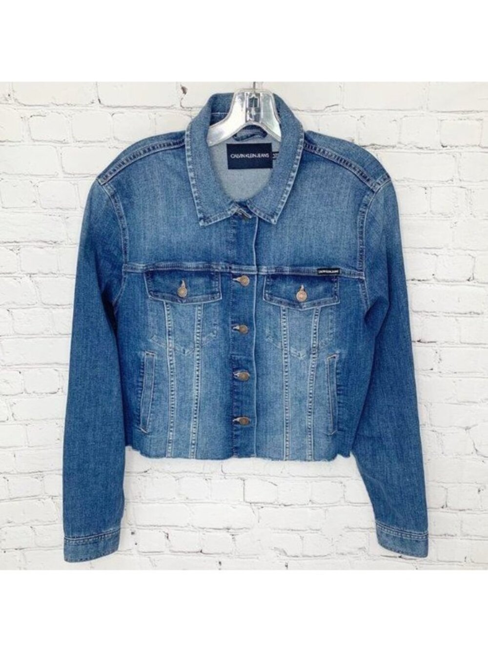 CALVIN KLEIN JEANS CROPPED CUT OFF DENIM JACKET FROM RECYCLED PLASTIC - XL